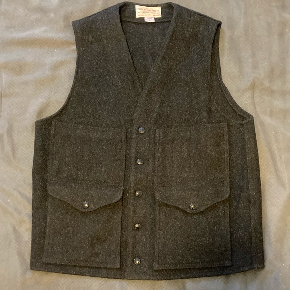 Filson charcoal Mackinaw Wool Vest with Snaps